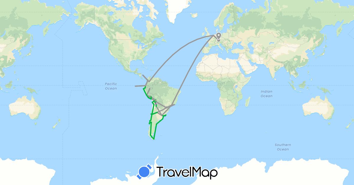TravelMap itinerary: driving, bus, plane, train, hiking in Argentina, Bolivia, Brazil, Chile, Colombia, Germany, Ecuador, Netherlands, Peru, Uruguay (Europe, South America)