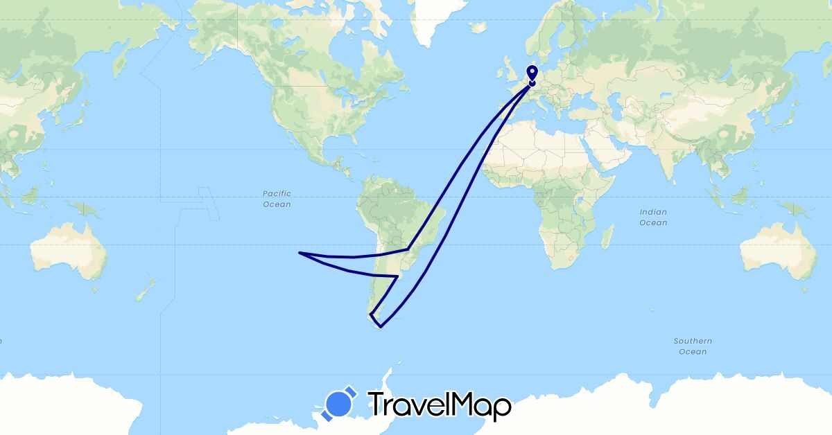 TravelMap itinerary: driving in Argentina, Brazil, Chile, Germany (Europe, South America)