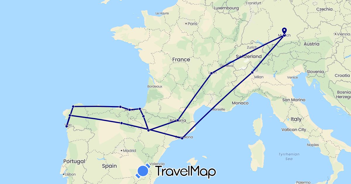 TravelMap itinerary: driving in Andorra, Germany, Spain, France, Italy (Europe)